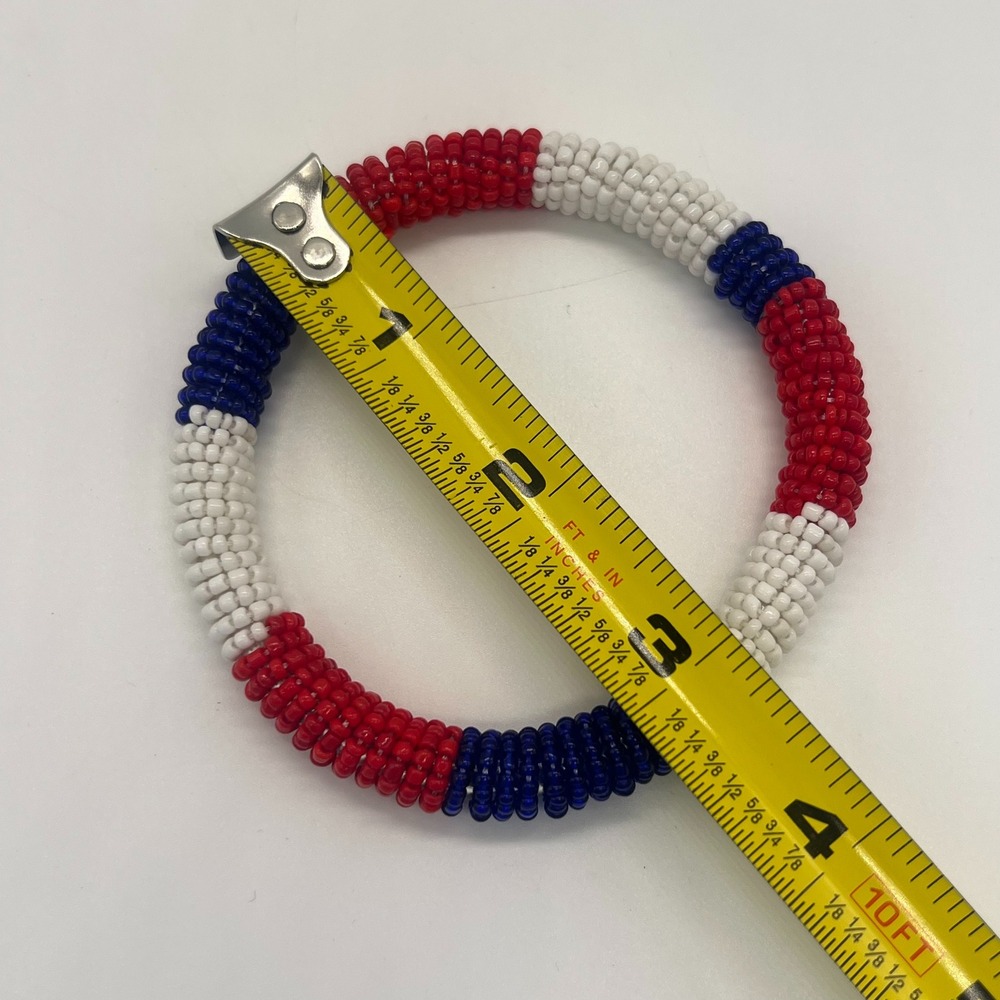 Handmade Seed Bead Crochet Bangle Bracelets Earrings Red White Blue Vintage - Picture 9 of 10